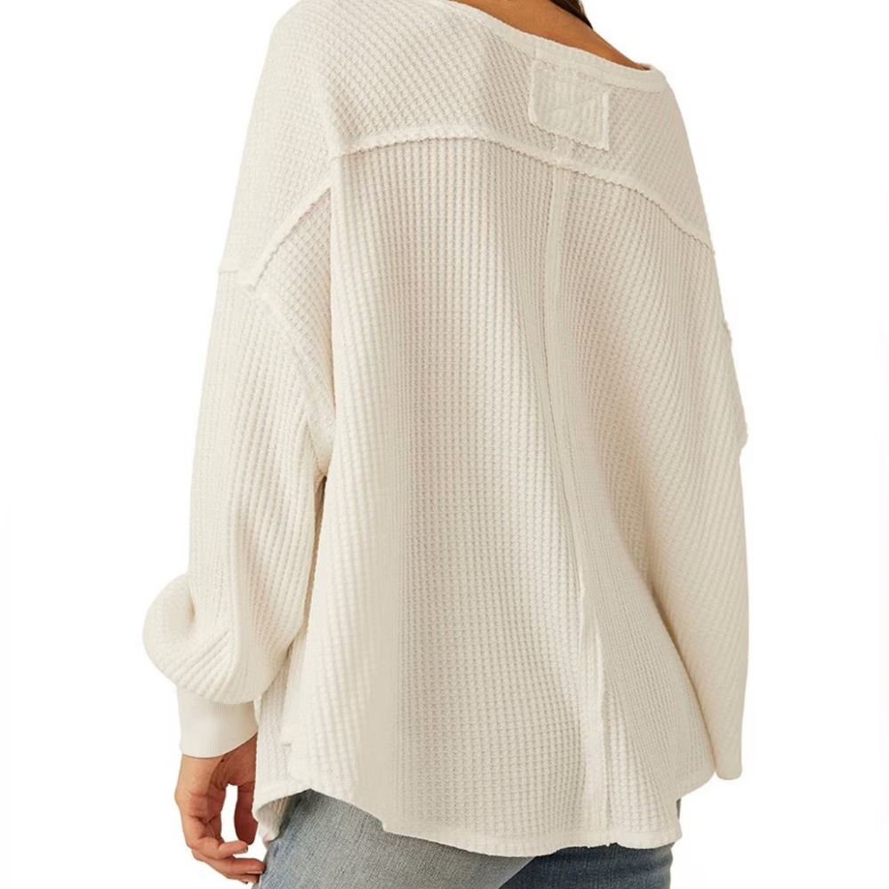 White Free People Coraline Waffle Knit V-Neck Long Sleeve - Size L 🤍